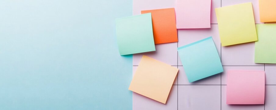 Vibrant blank pastel sticky notes scattered on a split light blue and gridded pink background. Overhead view for creative ideas, planning and organization with copy space. ,reminders