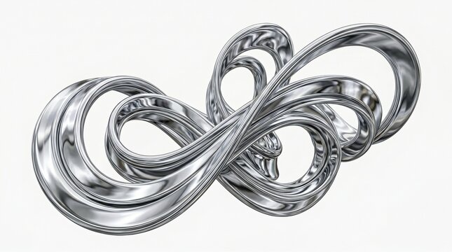 Abstract chrome infinity symbol with liquid metal texture, futuristic silver mobius loop on white background, metallic 3d swirl for tech branding