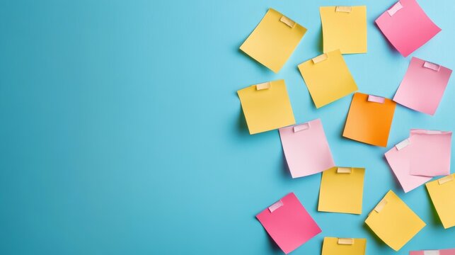 Vibrant blank sticky notes (yellow, pink, orange) scattered on a blue background, forming a dynamic flat lay with ample copy space for ideas, reminders and brainstorming. ,Planning