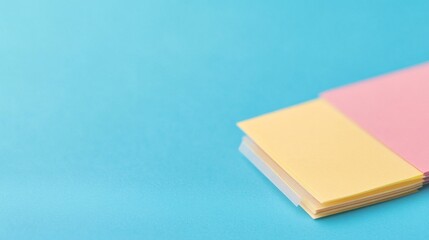 Fototapeta premium Vibrant blue background with minimalist composition yellow and pink pastel sticky notes with translucent tab in bottom right corner. Blank surface, ideal for organization, ideas and