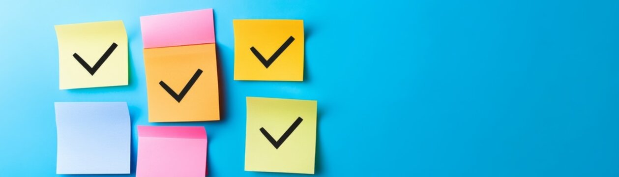 Vibrant blue background with staggered colorful sticky notes, some marked with black checkmarks, others blank, depicting task management and to-do list progress. ,Planning,