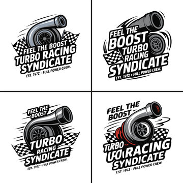 Four vintage style turbocharger racing syndicate emblem designs for apparel