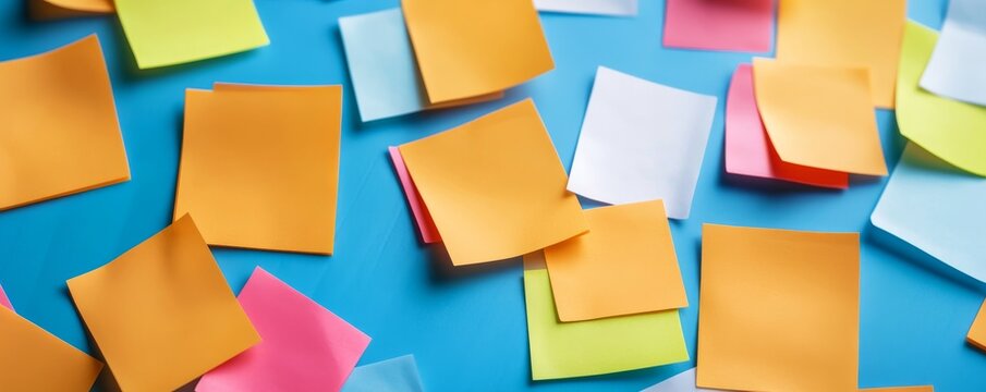 Vibrant flat lay of assorted colorful sticky notes, some overlapping and curled, on a bright blue backdrop, symbolizing brainstorming, tasks and creative thought. Reminders, Planning