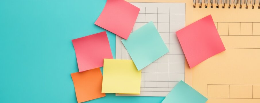 Vibrant flat lay of assorted sticky notes scattered on a grid planner and spiral notebook, symbolizing creative planning, daily reminders and organization. productivity, workspace