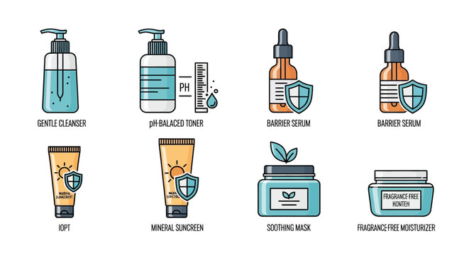 Skincare Products Icons Set: Cleanser, Serum, Sunscreen, Moisturizer, pH Meter