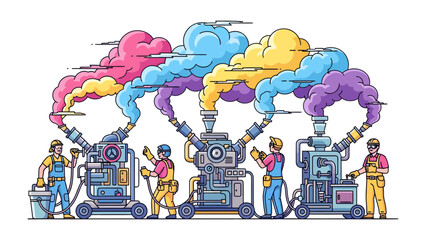 Factory of Color: A whimsical illustration of a factory producing vibrant clouds of colored smoke, with workers tending to the machinery, symbolizing industrial creativity and production. © Ajhar234