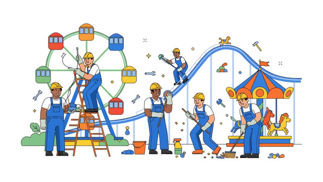 Amusement Park Maintenance Crew: A team of workers in blue overalls and hard hats diligently maintain rides at an amusement park, with a roller coaster, Ferris wheel, and carousel in the background.