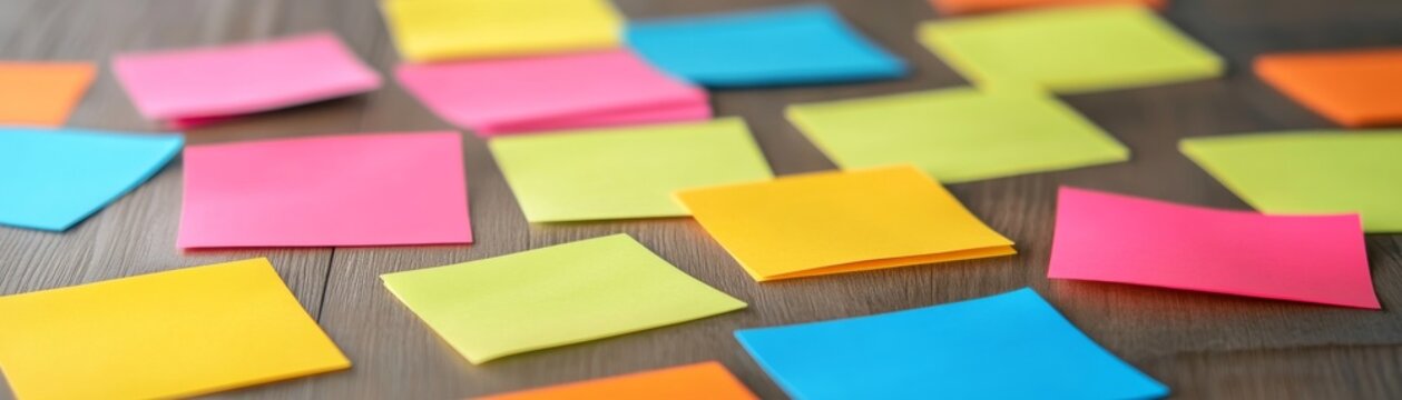 Vibrant multi-color sticky notes scattered on a wooden table, a mix of sharp and blurred, representing brainstorming ideas, task reminders and creative planning. organization,