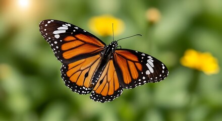 Obraz premium Orange and black butterfly flying over green foliage