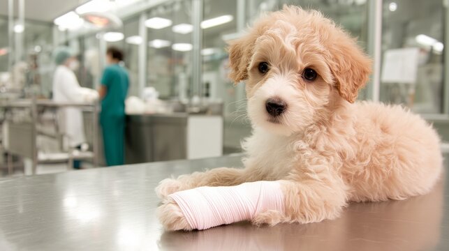 veterinary clinic advertising banner, A dog sitting on examination table with a  bandage wrapped around its leg, healthy and well-cared appearance, pet healthcare concept, space  for promotional text