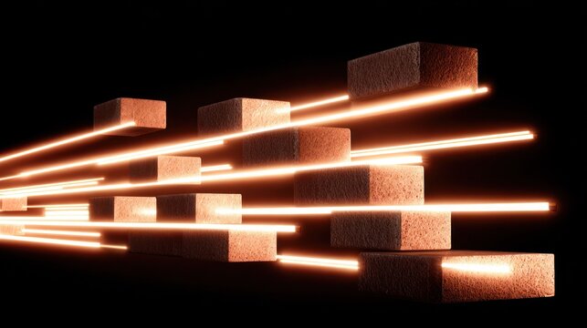 Multiple glowing light beams pass through textured cuboid structures against a dark background