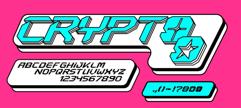 Crypto is a futuristic techno typeface featuring aggressive angular shapes, forward-leaning letterforms, and a distinctive cyberpunk character. Designed for gaming, esports, sci-fi, technology, crypto