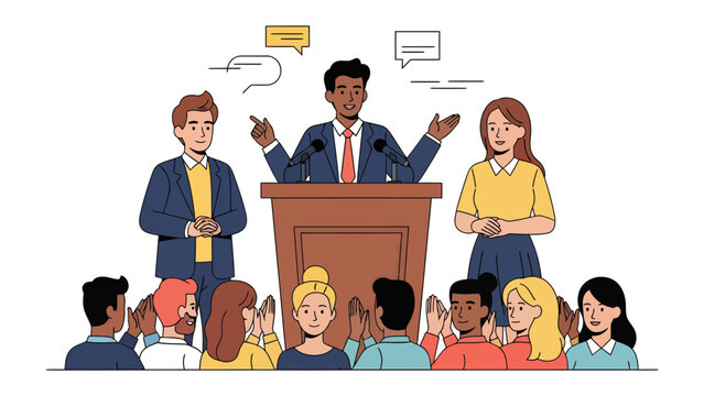 Political Debate and Public Address: A charismatic speaker addresses a crowd from a podium, with two debaters flanking, during an animated political discussion before an engaged audience.
