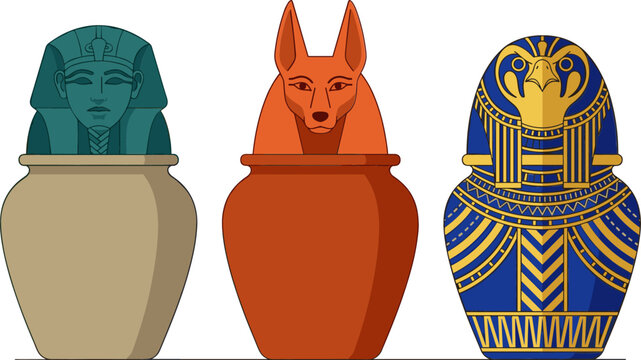 Ancient Egyptian Canopic Jars Vector Set with Pharaoh Anubis Jackal and Horus Falcon Deity Lids for Historical Archeology and Museum Exhibition Graphic Design