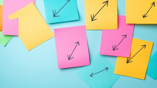 Vibrant pink, yellow, blue sticky notes with diagonal 'expand' arrows, scattered on a light blue background. This symbolizes dynamic ideas, growth and flexible concepts. Brainstorming,