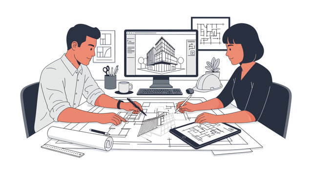 Architectural Design Collaboration: Two architects, a man and a woman, work diligently at a drafting table, surrounded by blueprints and a computer displaying a building design.