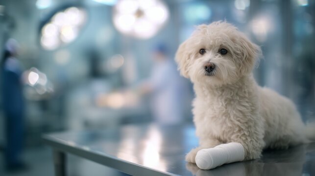 veterinary clinic advertising banner, A dog sitting on examination table with a  bandage wrapped around its leg, healthy and well-cared appearance, pet healthcare concept, space  for promotional text