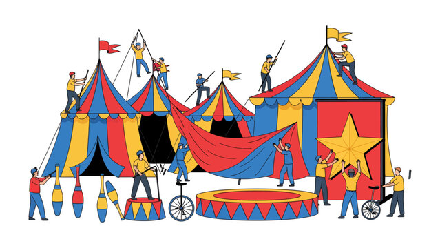 Circus Tent Construction: A vibrant illustration depicts a bustling circus crew assembling colorful tents, flags, and props, setting the stage for a spectacular performance.