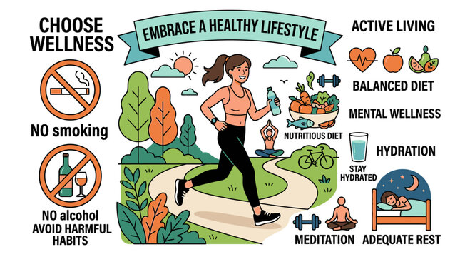 Infographic illustration of a woman running on a path surrounded by healthy lifestyle icons and text emphasizing wellness, self-care, and balanced living.