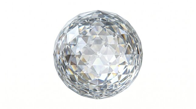 Sparkling faceted crystal sphere, brilliant diamond glass ball with geometric light reflections, luxury jewelry element on white background