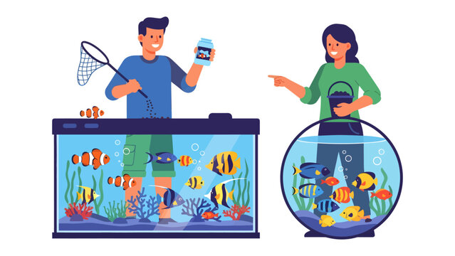 Aquarium Enthusiasts: A man and a woman proudly showcase their aquatic hobbies, tending to vibrant fish in two distinct aquariums, one rectangular and one round.