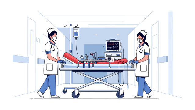 Urgent Medical Transport: Two nurses in scrubs and masks escort a patient on a stretcher equipped with medical devices down a sterile hospital corridor.