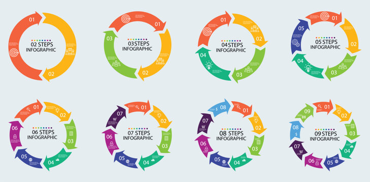 Circle arrows infographics set. Circular arrows with 2-9 steps, options. Business infographics. Process chart, cycle diagram for business presentation, report, brochure. Vector pie charts. 