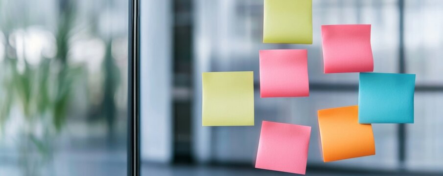 Vibrant sticky notes scattered on a clear office partition. Blurred modern interior enhances concept of collaborative brainstorming, ideas and agile work. productivity, collaboration