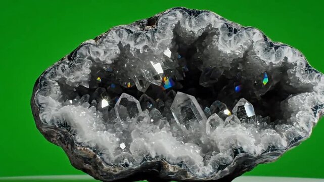 Beautiful Sparkling Clear Quartz Geode Rotating On Green Screen Background