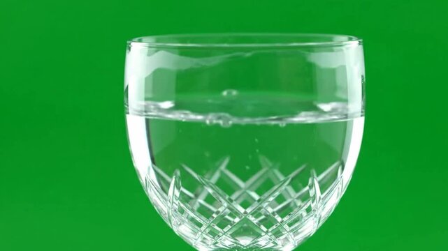 Clear fresh water pouring into crystal glass on green screen
