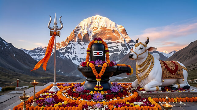 Sacred shiva lingam with nandi bull decorated with flowers against majestic mount kailash for mahadev maha shivratri celebration festival