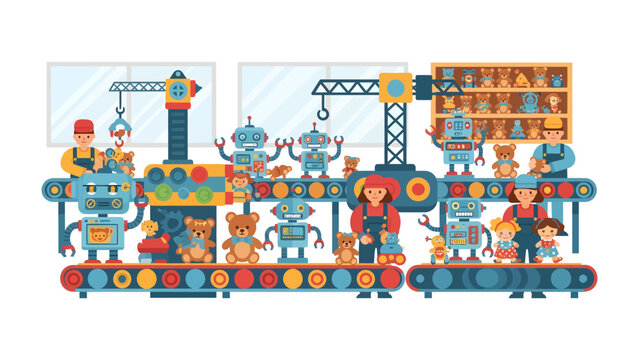 Robotic Toy Factory: A whimsical illustration depicts a futuristic toy factory where cheerful robots and human workers collaborate on an assembly line, producing adorable teddy bears and robots.