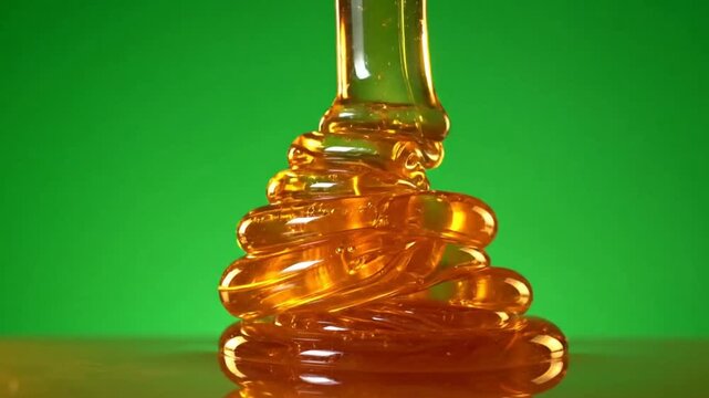 Thick Golden Honey Pouring and Swirling Against Bright Green Screen