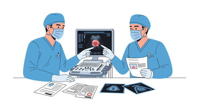Medical Professionals Discussing Sonogram: Two medical professionals in scrubs and face masks are gathered around an ultrasound machine, intently discussing a sonogram image displayed on the screen.