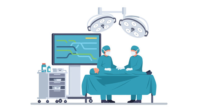Surgical Team in Action: Two surgeons in sterile gowns and masks perform a delicate operation on a patient in a state-of-the-art operating room, illuminated by bright surgical lights.