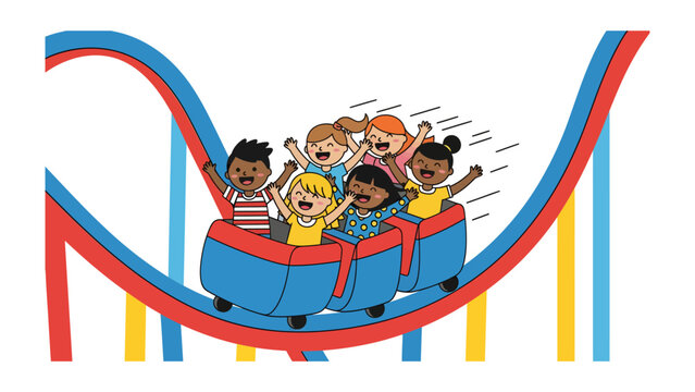 Excited Kids on Roller Coaster Ride: A group of diverse children with joyful expressions ride down a steep roller coaster track, hands in the air, experiencing thrill and excitement.