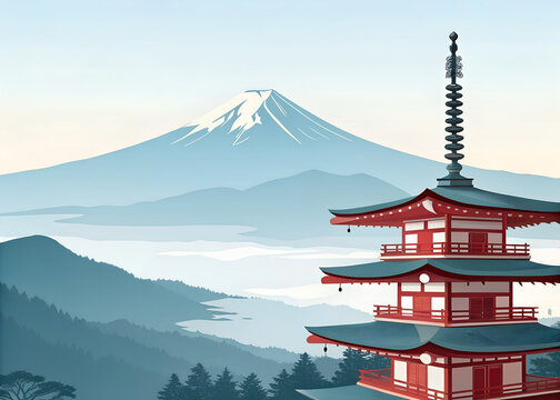 hureito Pagoda overlooking Mount Fuji, modern minimal vector style, layered depth