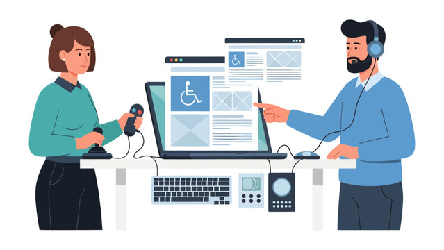 Web Accessibility Design: A man and a woman are collaborating on designing a website with accessibility in mind, featuring a wheelchair icon on screen and various digital tools.