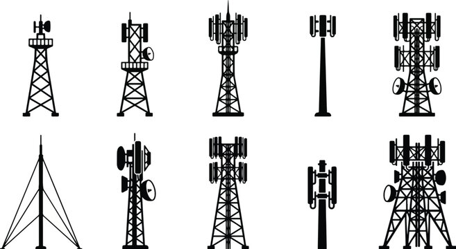 Collection of diverse cell tower silhouette icons representing communication infrastructure, a versatile icon set