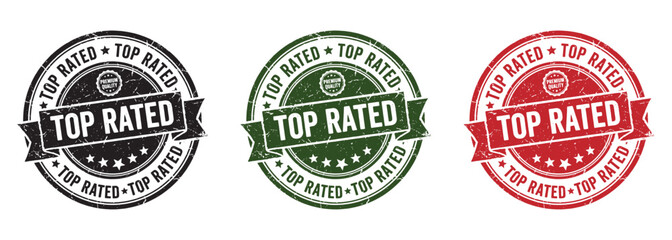 Obraz premium Circular top rated badges with distressed texture vector illustration in red green and black