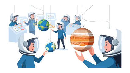 Astronauts Exploring Planets: A team of astronauts in a laboratory setting examining miniature models of Earth and Jupiter, representing exploration and scientific discovery. © Abdul