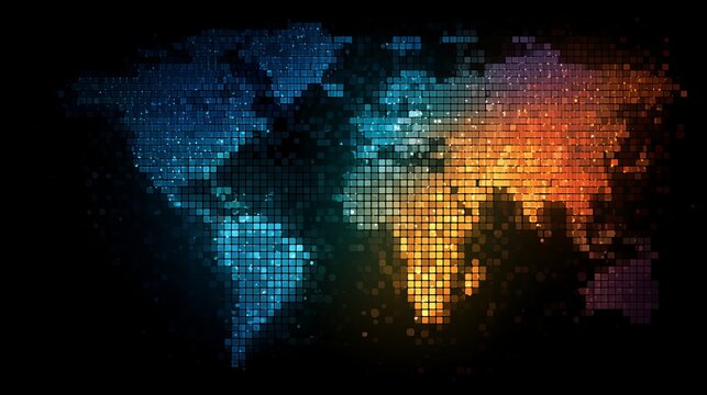 A colorful mosaic map of the world composed of small squares in shades of blue, green, yellow, orange, and red on a black background