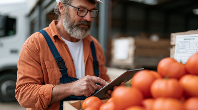 Truck driver checking in crates of heritage tomatoes at a processing facility receiving dock, digital chain-of-custody form on a tablet matching printed farm-of-origin labels on