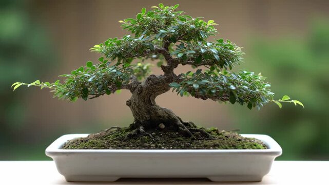 A serene bonsai tree, meticulously cultivated in a white ceramic pot