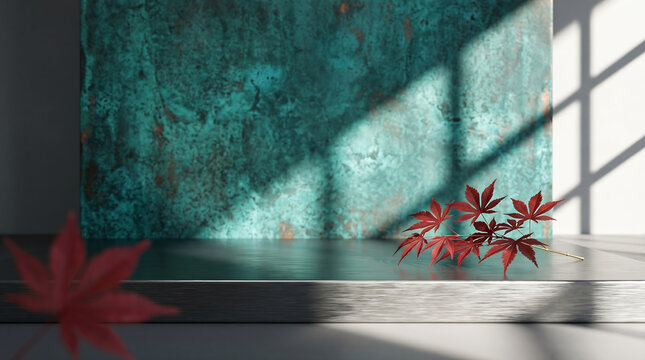 Metal platform with oxidized copper wall and red maple leaves