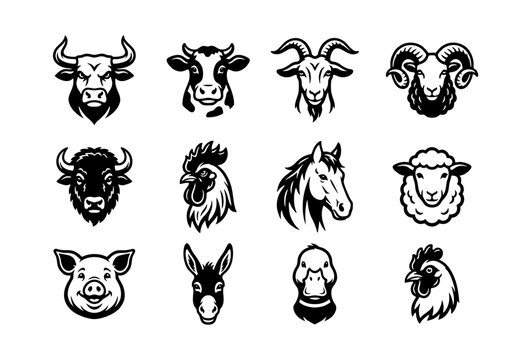 Set of farm animal head icons