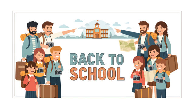 Back to School Journey: A whimsical illustration depicting families with backpacks and suitcases embarking on their educational adventure.