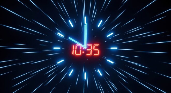 Digital clock showing 10:35 with futuristic light rays