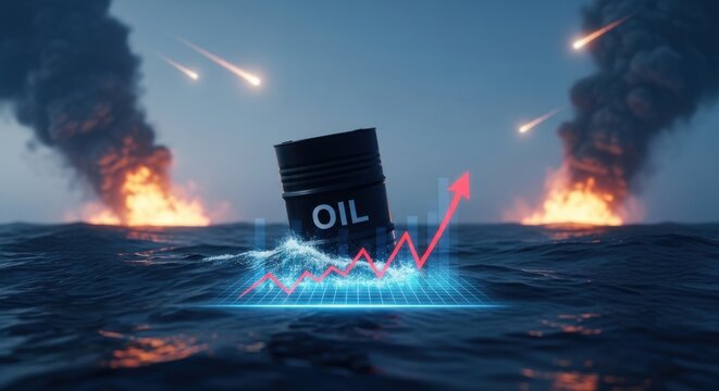 Global oil crisis concept with crude oil barrel floating in sea, rising price chart arrow, burning offshore platforms and missiles in background