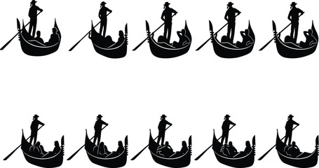 Traditional Gondola Boat Silhouette Set with Gondolier Passengers Water Transport and Tourism Icons © Limon